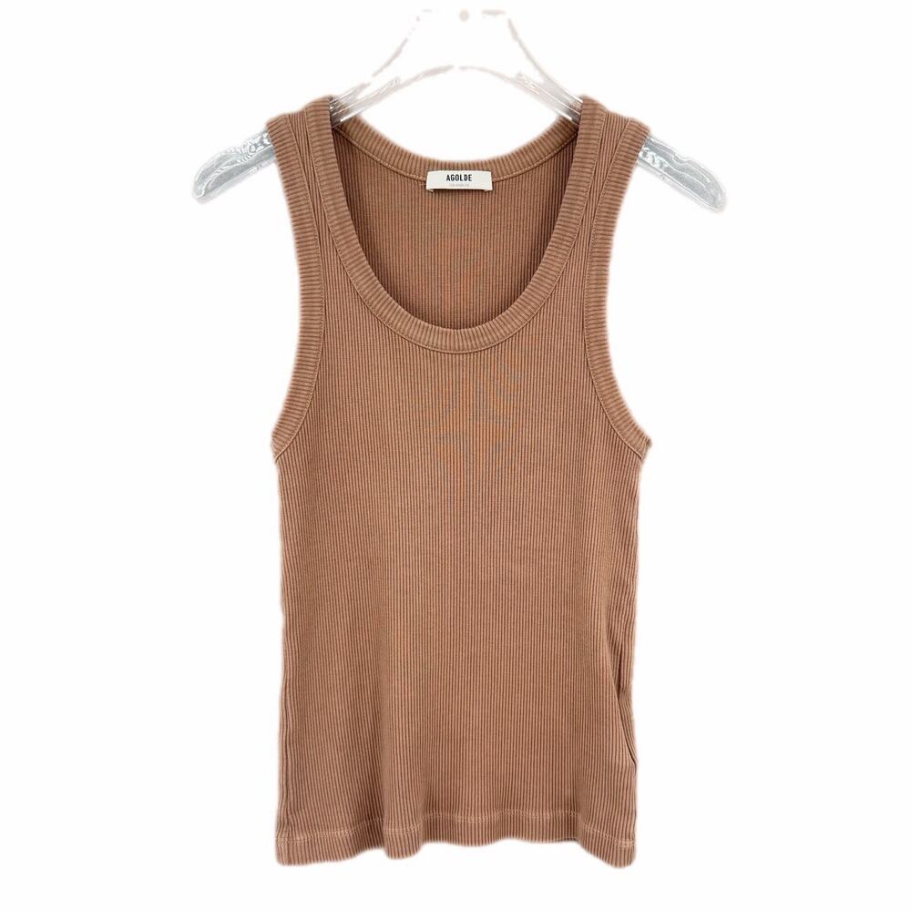 Agolde Tan Poppy Scoop Neck Ribbed Basic Layering Summer Casual Simple Tank Top - Picture 7 of 11